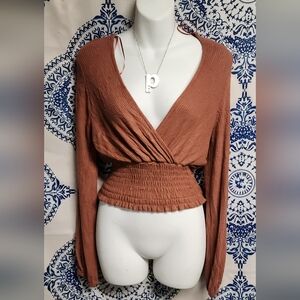Lazy Sunday's Deep V Brown Smock Top. Sz Sm.  NWTs